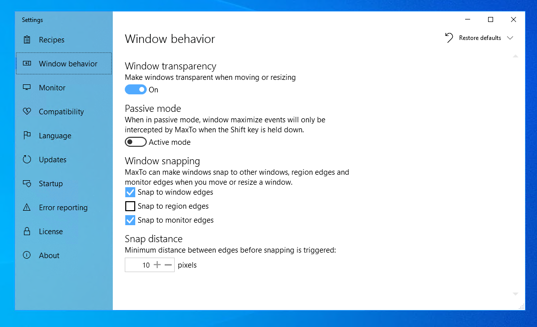 Behavior settings in the MaxTo user interface