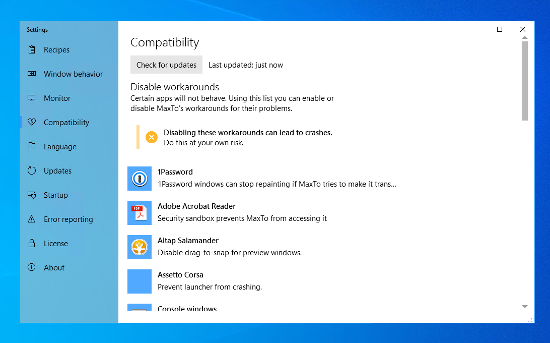 Compatibility settings in the MaxTo user interface