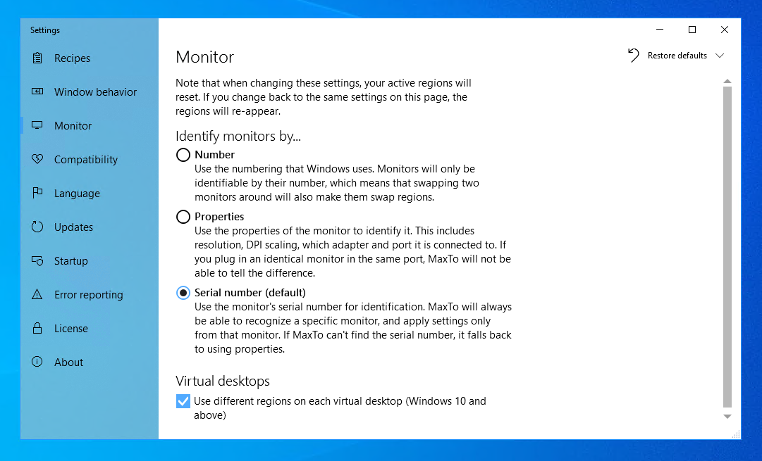 Monitor settings in the MaxTo user interface