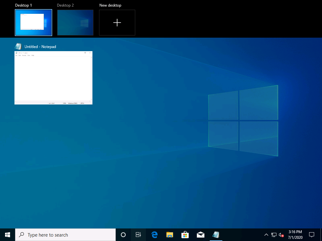 Windows 10 showing two virtual desktops and Notepad open on one